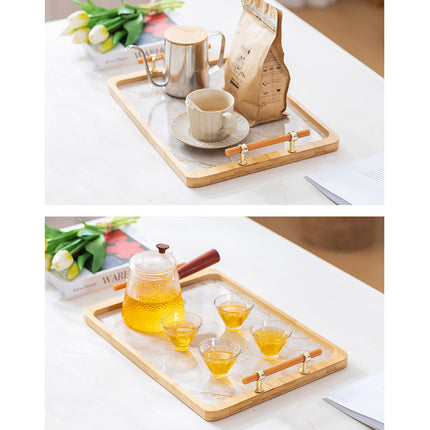 Bamboo Tea Tray with Stone Plastic Base Waterproof Non-Slip Durable