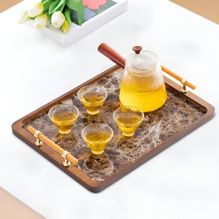 Bamboo Tea Tray with Stone Plastic Base Waterproof Non-Slip Durable