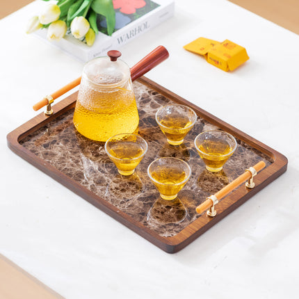 Bamboo Tea Tray with Stone Plastic Base Waterproof Non-Slip Durable