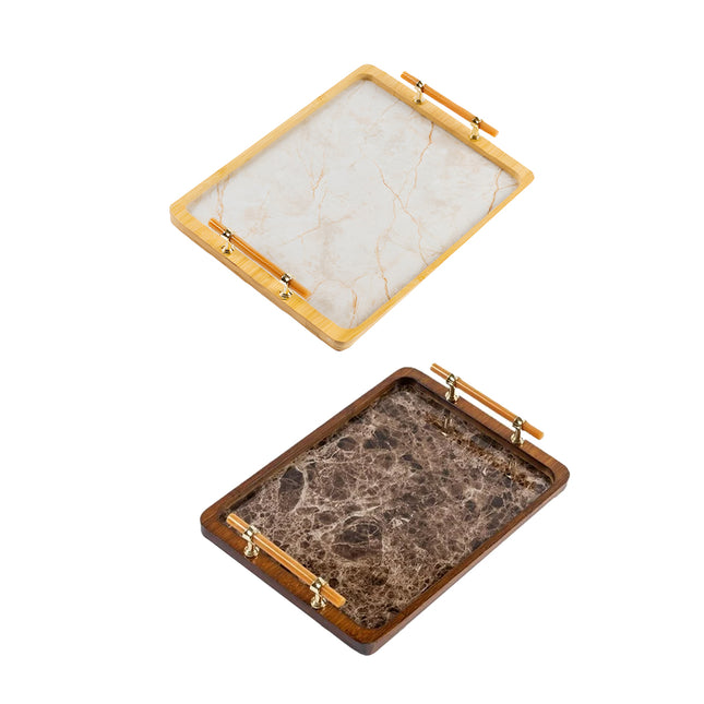 Bamboo Tea Tray with Stone Plastic Base Waterproof Non-Slip Durable