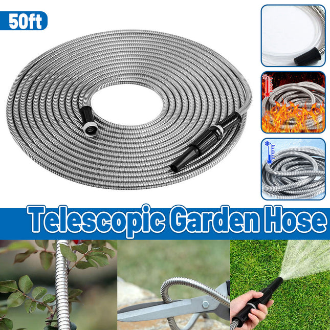 50FT Stainless Steel Garden Water Hose Telescopic Pipe Car Wash Flower Watering