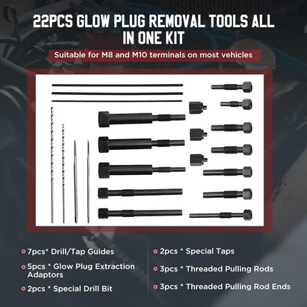 Glow Plug Removal Tool Set 22PCS Diesel Electrode Extractor Thread Repair Kit