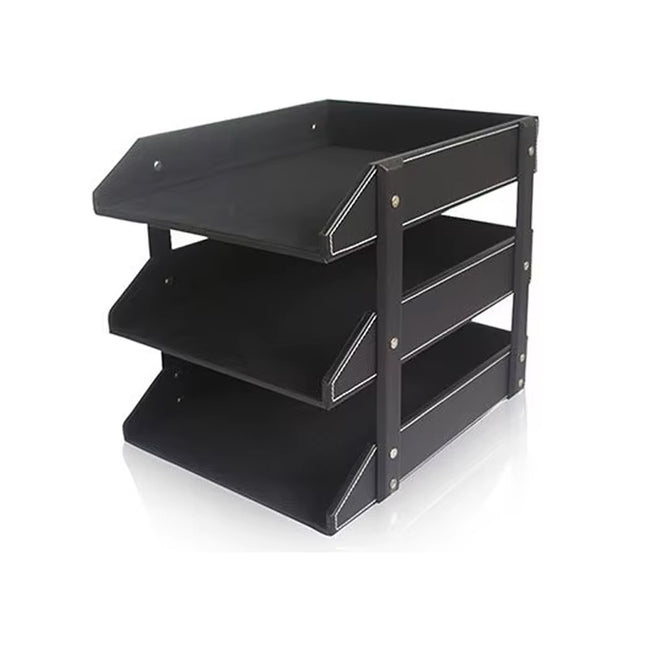 3 Tier Faux Leather File Tray Desktop Document Organiser 36.5x27.5x35cm
