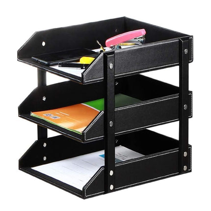 3 Tier Faux Leather File Tray Desktop Document Organiser 36.5x27.5x35cm