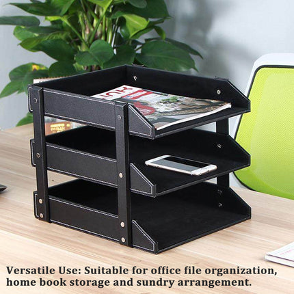 3 Tier Faux Leather File Tray Desktop Document Organiser 36.5x27.5x35cm