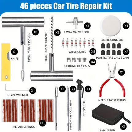 46PCS Car Tire Repair Kit Patch Plug Puncture Emergency for Car Truck Motorbike