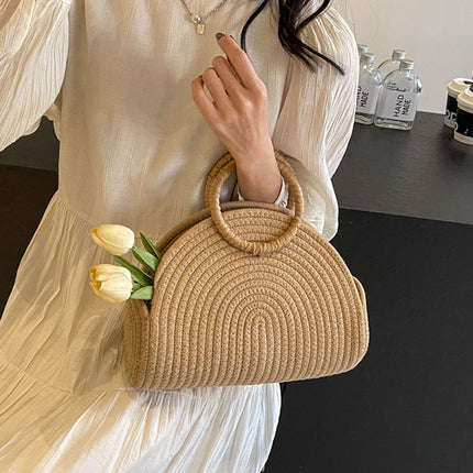 Khaki Half Moon Woven Straw Handbag Tote