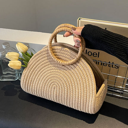 Khaki Half Moon Woven Straw Handbag Tote