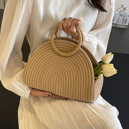 Khaki Half Moon Woven Straw Handbag Tote