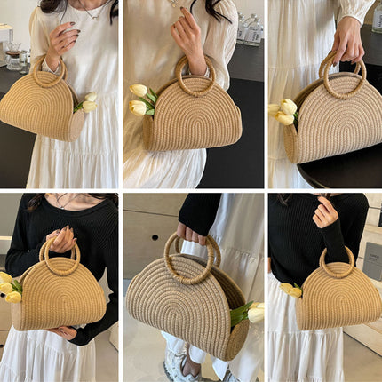 Khaki Half Moon Woven Straw Handbag Tote