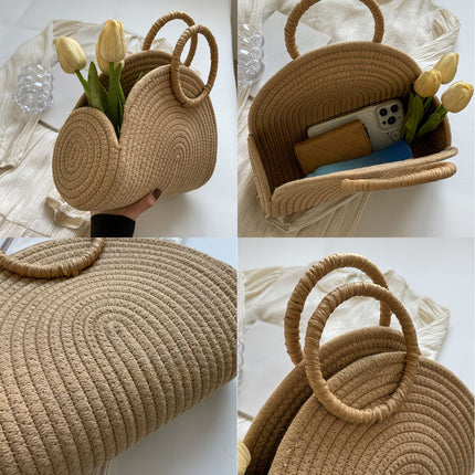 Khaki Half Moon Woven Straw Handbag Tote