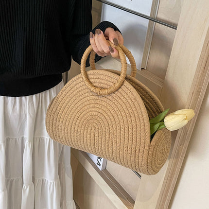Khaki Half Moon Woven Straw Handbag Tote