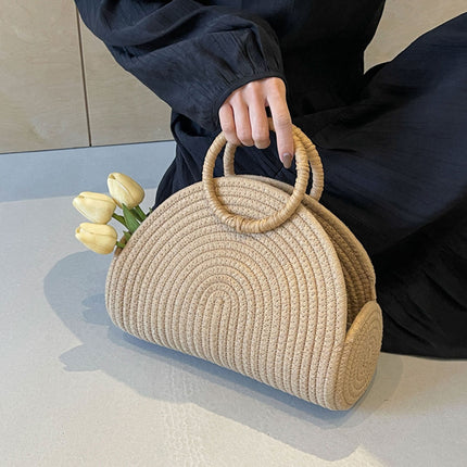 Khaki Half Moon Woven Straw Handbag Tote