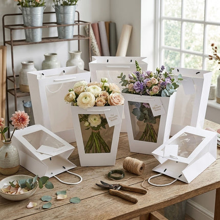 White Window Flower Gift Bags 10 Pack 2 Sizes