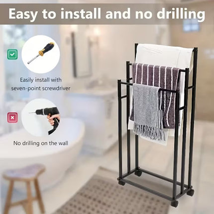 3 Bar Moveable Metal Rack with Wheels Durable Space Saving for Bathroom Bedroom