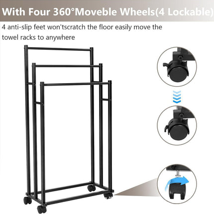 3 Bar Moveable Metal Rack with Wheels Durable Space Saving for Bathroom Bedroom