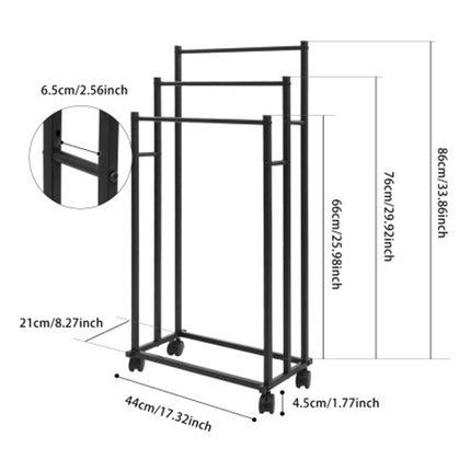 3 Bar Moveable Metal Rack with Wheels Durable Space Saving for Bathroom Bedroom