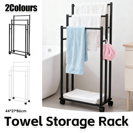 3 Bar Moveable Metal Rack with Wheels Durable Space Saving for Bathroom Bedroom