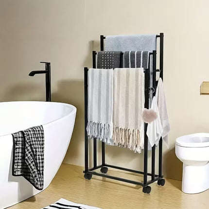 3 Bar Moveable Metal Rack with Wheels Durable Space Saving for Bathroom Bedroom