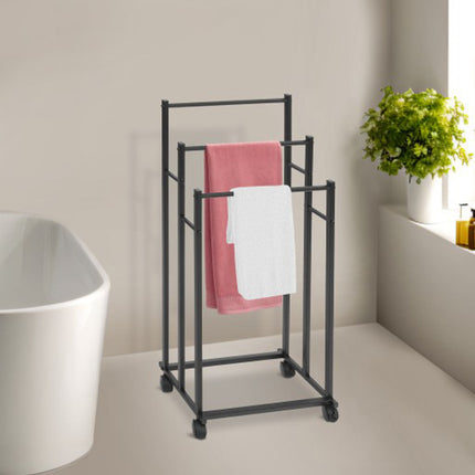 3 Bar Moveable Metal Rack with Wheels Durable Space Saving for Bathroom Bedroom