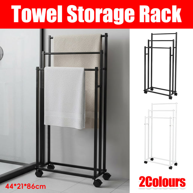 3 Bar Moveable Metal Rack with Wheels Durable Space Saving for Bathroom Bedroom