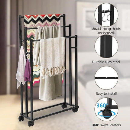 3 Bar Moveable Metal Rack with Wheels Durable Space Saving for Bathroom Bedroom
