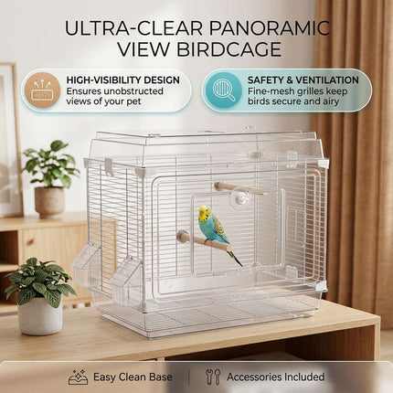 Extra Large Transparent Bird Cage Panoramic Parrot Villa with Perches Bowls