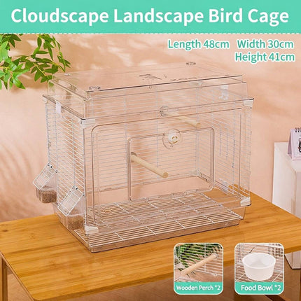 Extra Large Transparent Bird Cage Panoramic Parrot Villa with Perches Bowls