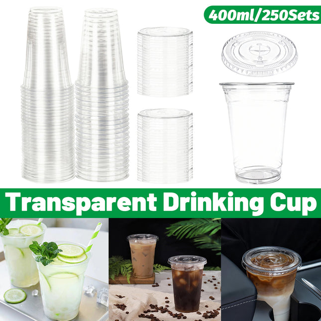 250 Sets Transparent Drinking Cups with Lids 400ml Food-safe for Drinks Takeaway