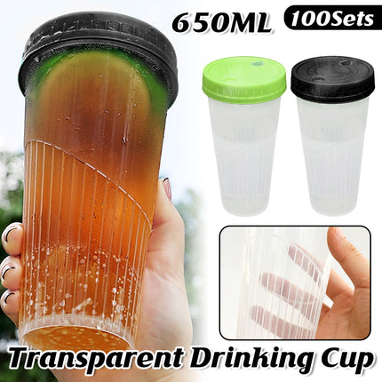 100Sets Transparent Drinking Cups with Lids 650ml 2 Colour for Party Drinks