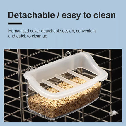 Clear Bird Feeder Box Parrot Food Dispenser Cage Sink Container Hanging Supplies