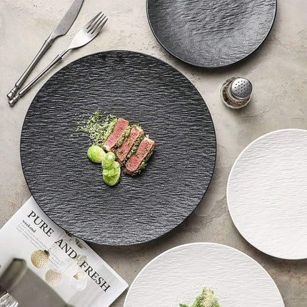 16 Piece Round Dinner Plate Set 10 Inch Black White Textured Serving Plates