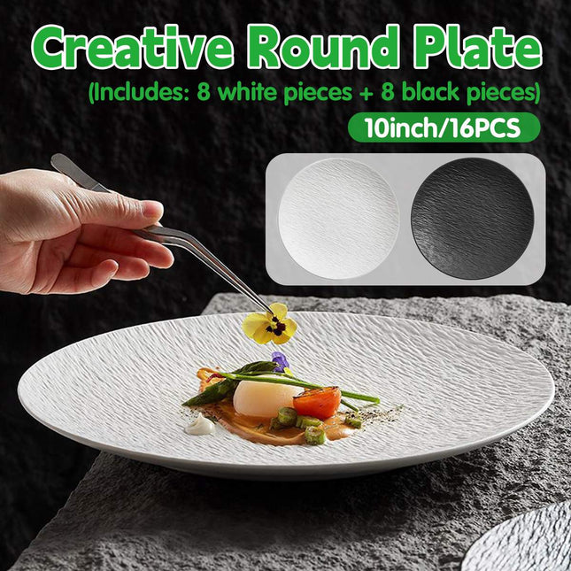 16 Piece Round Dinner Plate Set 10 Inch Black White Textured Serving Plates