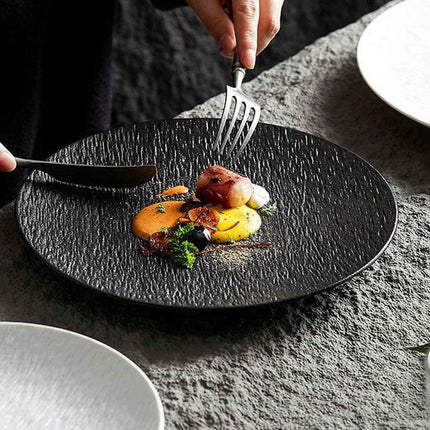 16 Piece Round Dinner Plate Set 10 Inch Black White Textured Serving Plates