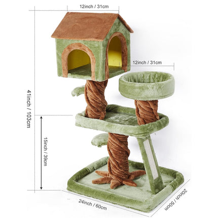 Wooden Cat Tree with Condo Cat Scratching Post All in One Non Slip for Cats Play