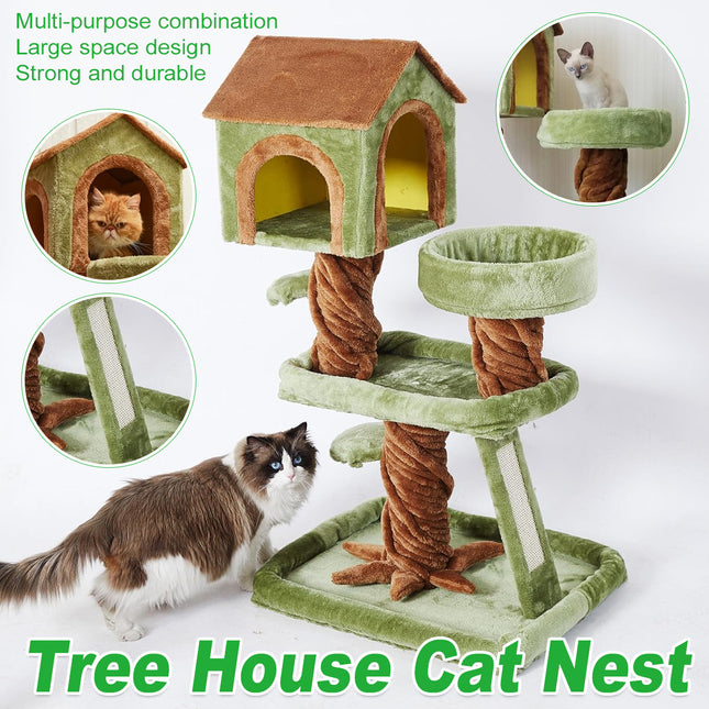 Wooden Cat Tree with Condo Cat Scratching Post All in One Non Slip for Cats Play