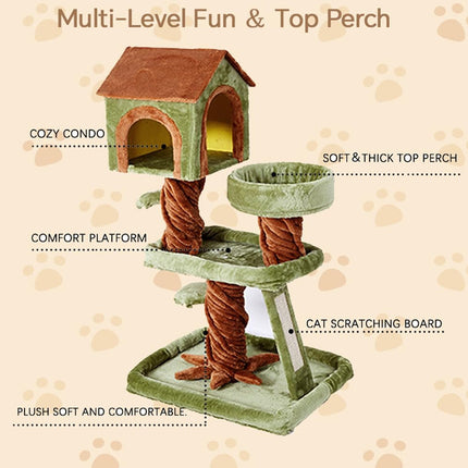 Wooden Cat Tree with Condo Cat Scratching Post All in One Non Slip for Cats Play