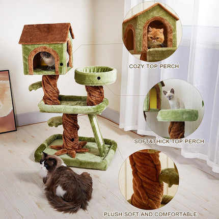 Wooden Cat Tree with Condo Cat Scratching Post All in One Non Slip for Cats Play