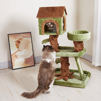 Wooden Cat Tree with Condo Cat Scratching Post All in One Non Slip for Cats Play