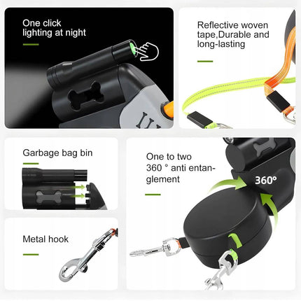 Dual Retractable Dog Leash with Light Black Grey