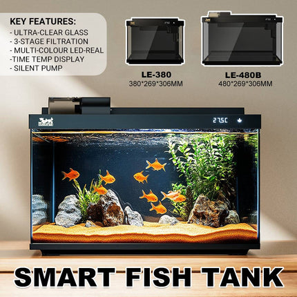 Ultra White Glass Fish Tank Desktop Aquarium Built In Filter Pump LED Oxygen