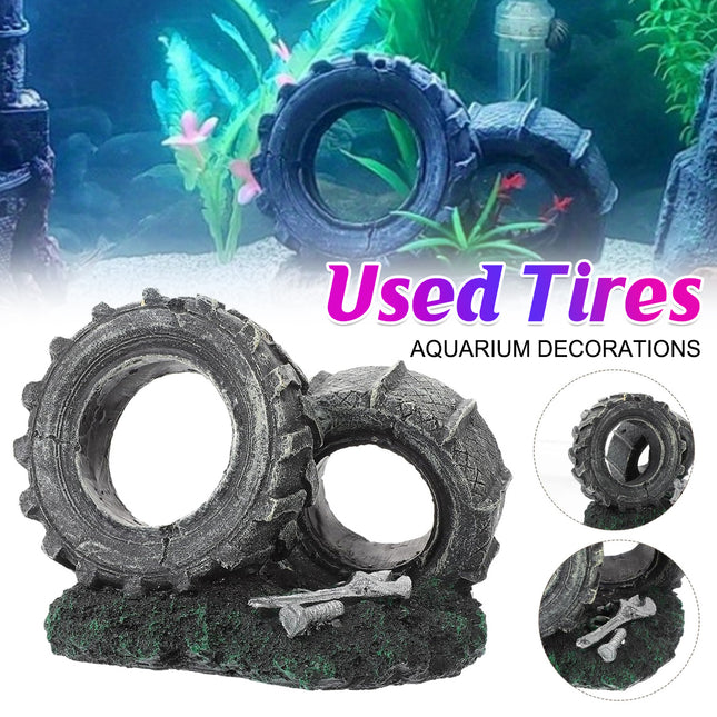 Aquarium Ornament Double Tire Aged Style Decoration for Fish Tank Landscape Home