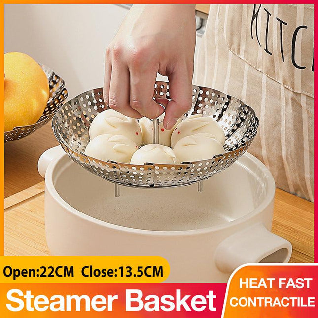 22CM Steam Vegetable Basket Stainless Steel Tray Mesh Cook Dish Folding Steamer - Aimall