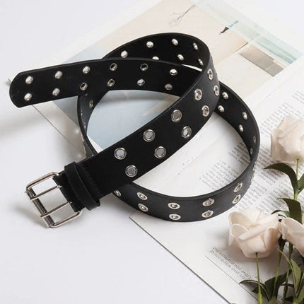 Double Grommet Holes Lether Belt 2-Row Studded For Women Men Punk Belts Use