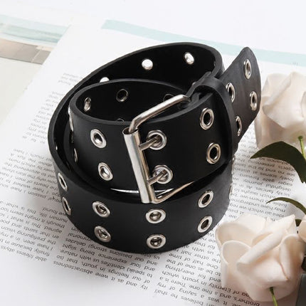 Double Grommet Holes Lether Belt 2-Row Studded For Women Men Punk Belts Use