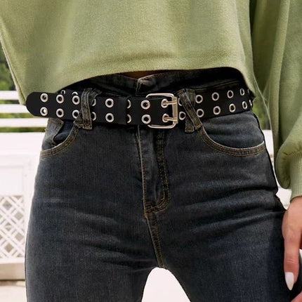 Double Grommet Holes Lether Belt 2-Row Studded For Women Men Punk Belts Use