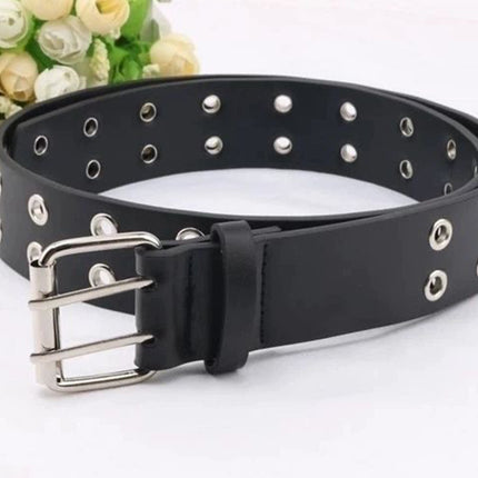 Double Grommet Holes Lether Belt 2-Row Studded For Women Men Punk Belts Use