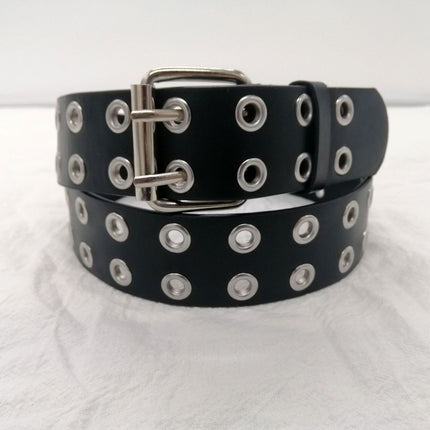 Double Grommet Holes Lether Belt 2-Row Studded For Women Men Punk Belts Use