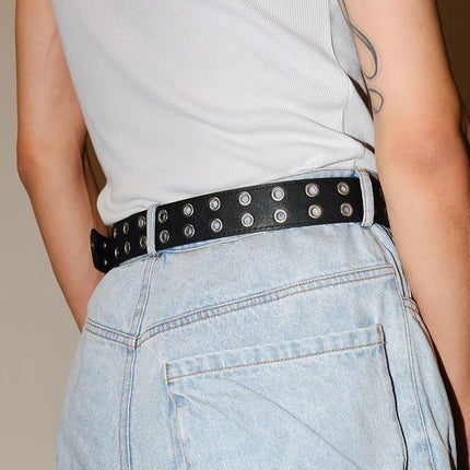 Double Grommet Holes Lether Belt 2-Row Studded For Women Men Punk Belts Use