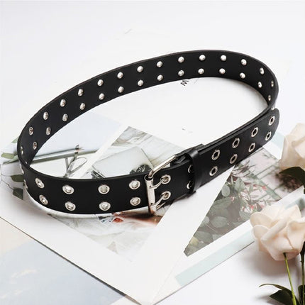 Double Grommet Holes Lether Belt 2-Row Studded For Women Men Punk Belts Use